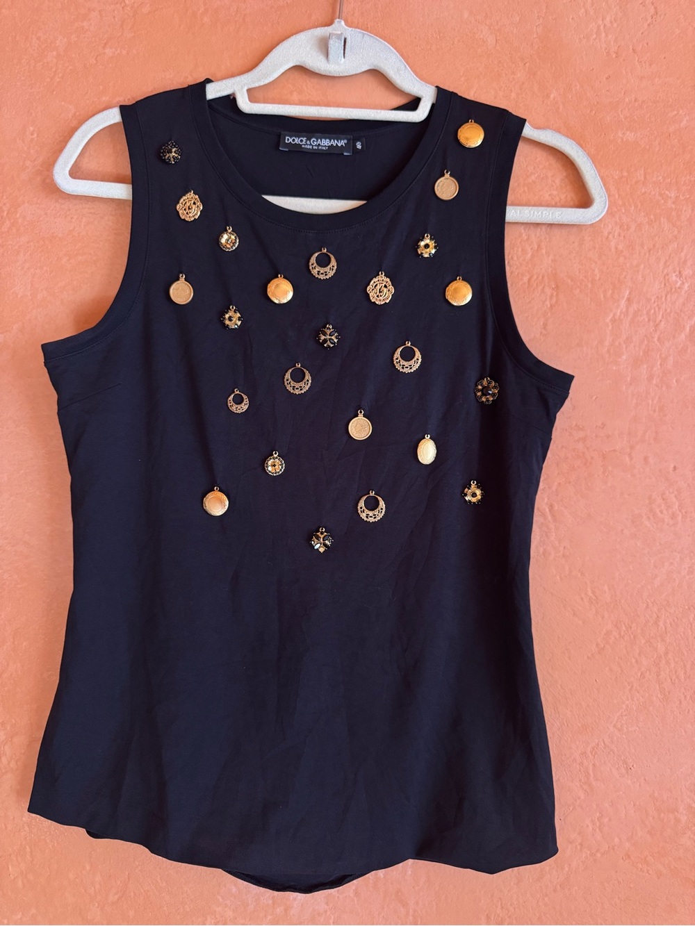 Dolce & Gabbana Charm Embellished Black Tank Top Size 40 Made in Italy